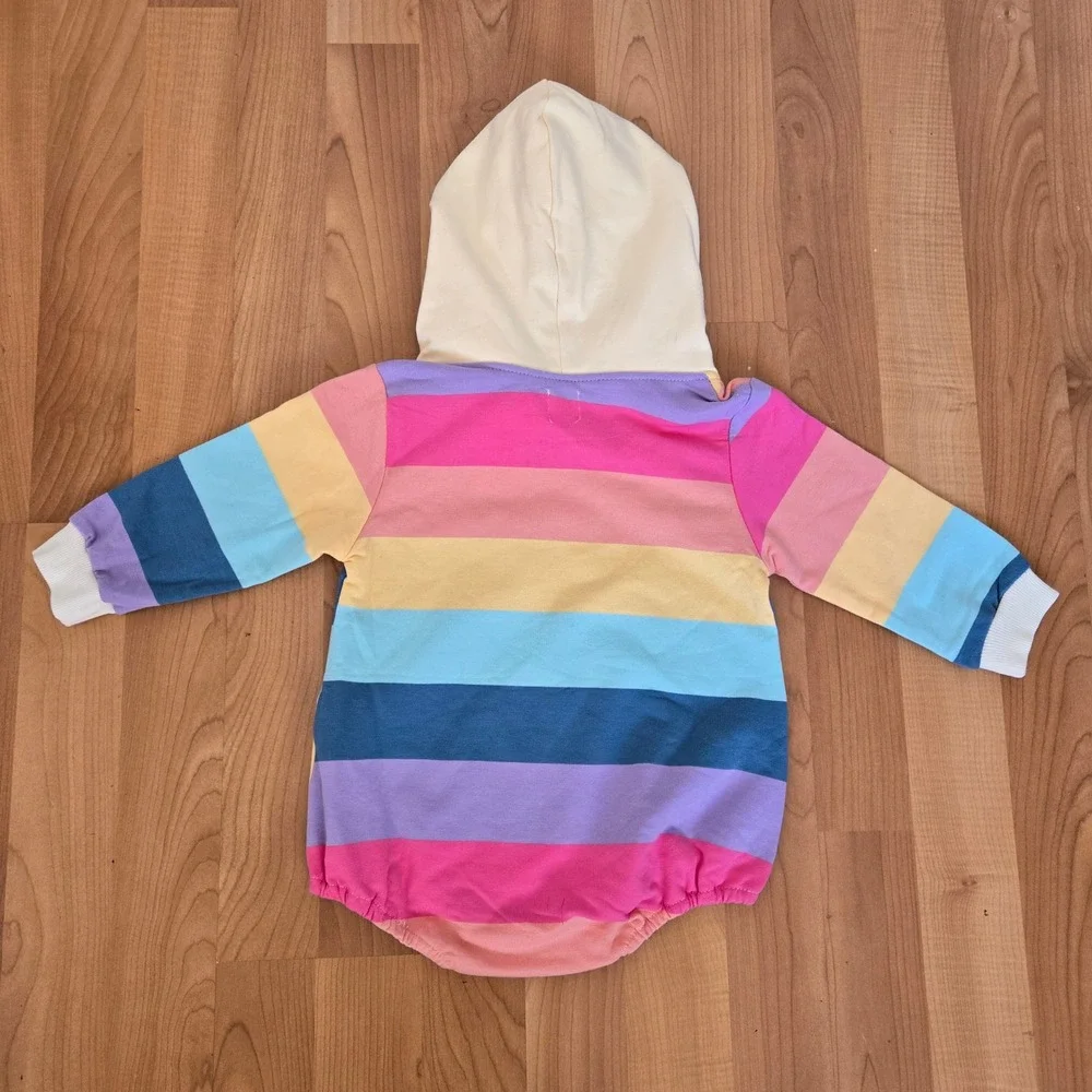Treetop Tots Rainbow Stripe Hooded Romper Unisex‎ Size 6-12M Pastel Cozy Playful